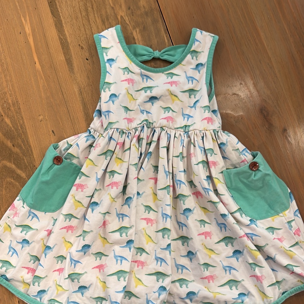 Dinosaur Print Kids Dress with Teal Accents
